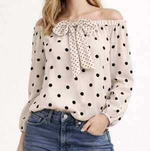 RILEY & RAE Retro Black and White Polka Dot Bow Off-Shoulder Coquette Top